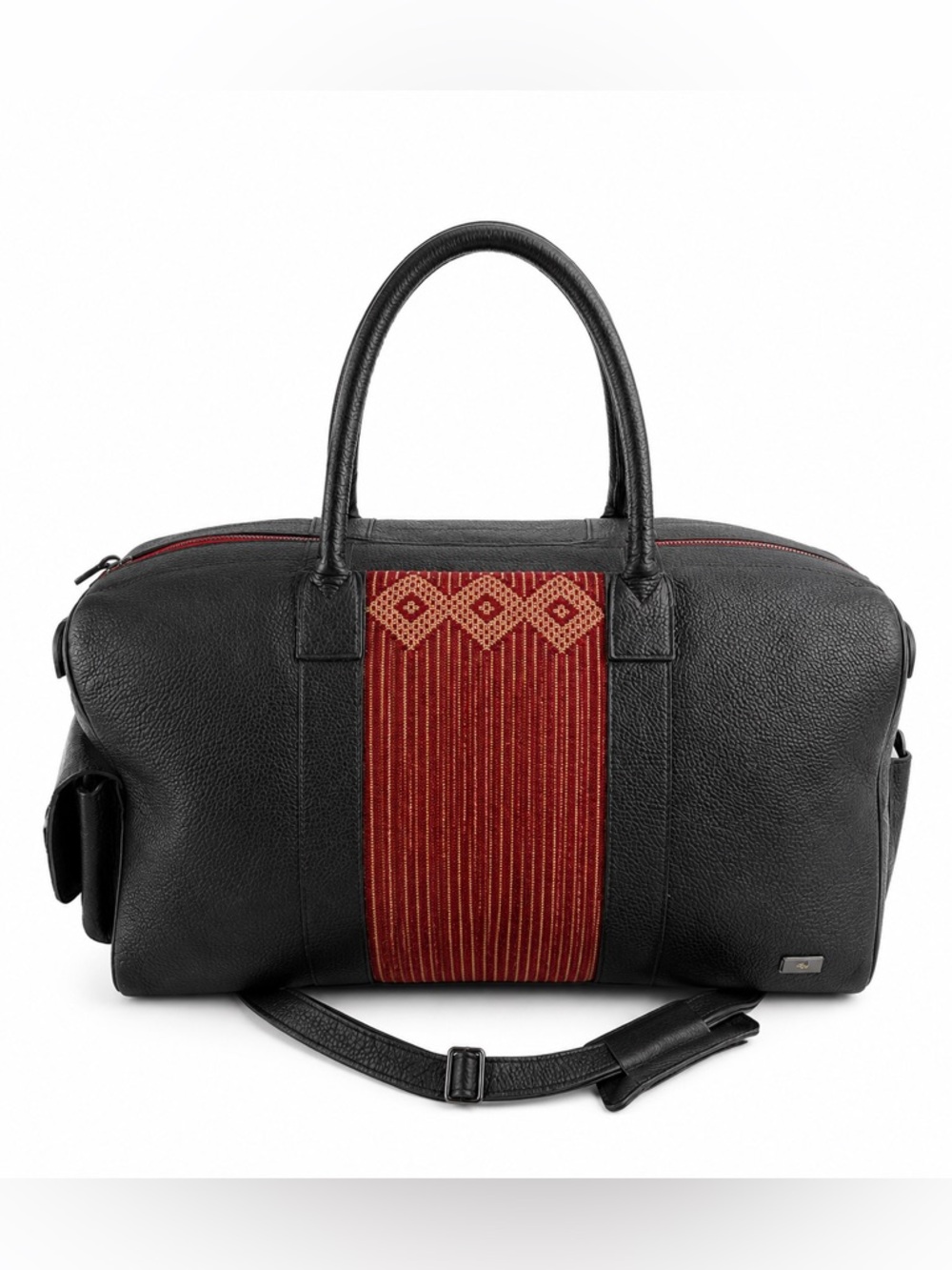 Black Leather Duffel Bag with Red Woven Center Panel